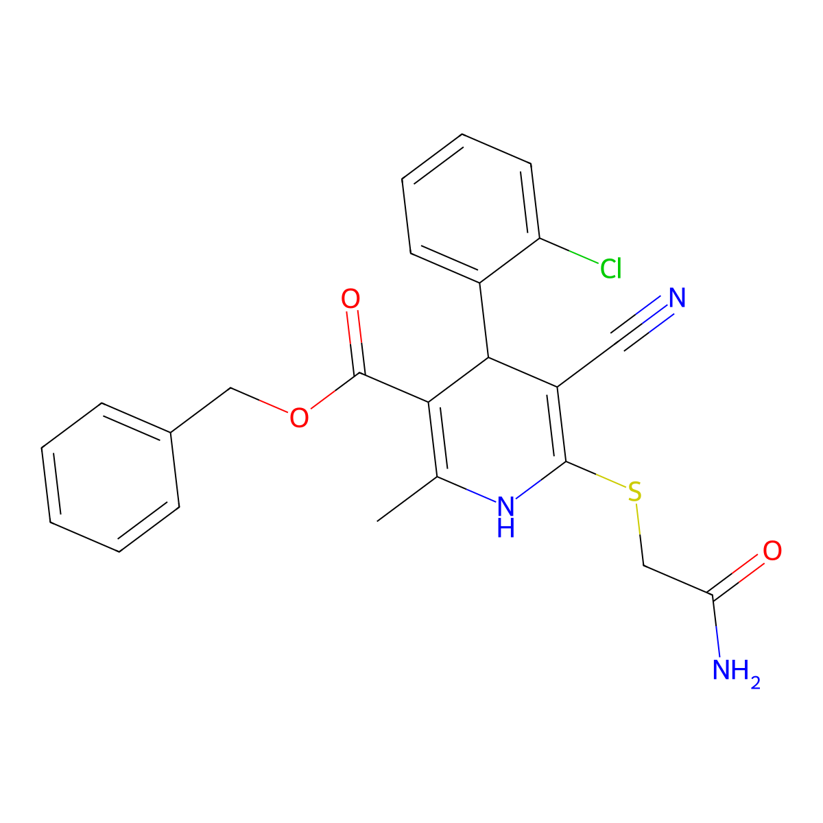 Benzyl 6-(2-amino-2-oxoethyl)sulfanyl-4-(2-chlorophenyl)-5-cyano-2-methyl-1,4-dihydropyridine-3-carboxylate molecular structure, CAS 663218-01-7