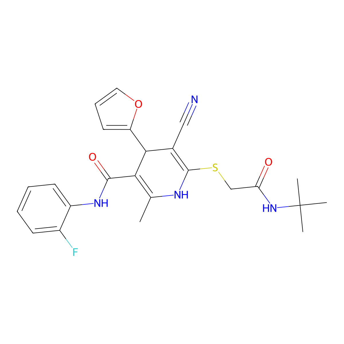 6-[2-(tert-butylamino)-2-oxoethyl]sulfanyl-5-cyano-N-(2-fluorophenyl)-4-(furan-2-yl)-2-methyl-1,4-dihydropyridine-3-carboxamide molecular structure, CAS 663218-02-8