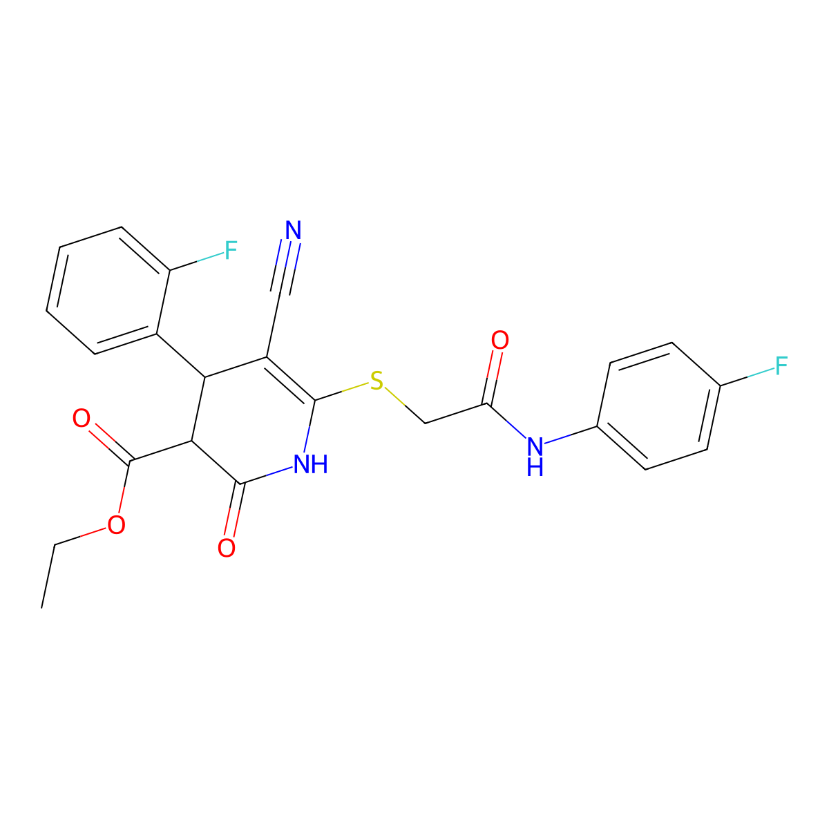 ethyl 5-cyano-6-[2-(4-fluoroanilino)-2-oxoethyl]sulfanyl-4-(2-fluorophenyl)-2-oxo-3,4-dihydro-1H-pyridine-3-carboxylate molecular structure, CAS 663218-09-5