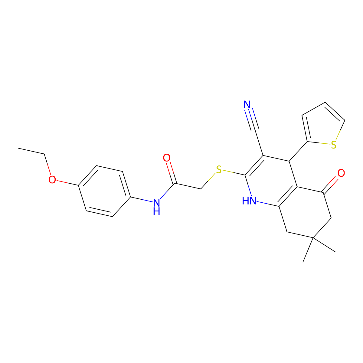 2-[(3-cyano-7,7-dimethyl-5-oxo-4-thiophen-2-yl-1,4,6,8-tetrahydroquinolin-2-yl)sulfanyl]-N-(4-ethoxyphenyl)acetamide molecular structure, CAS 663218-13-1