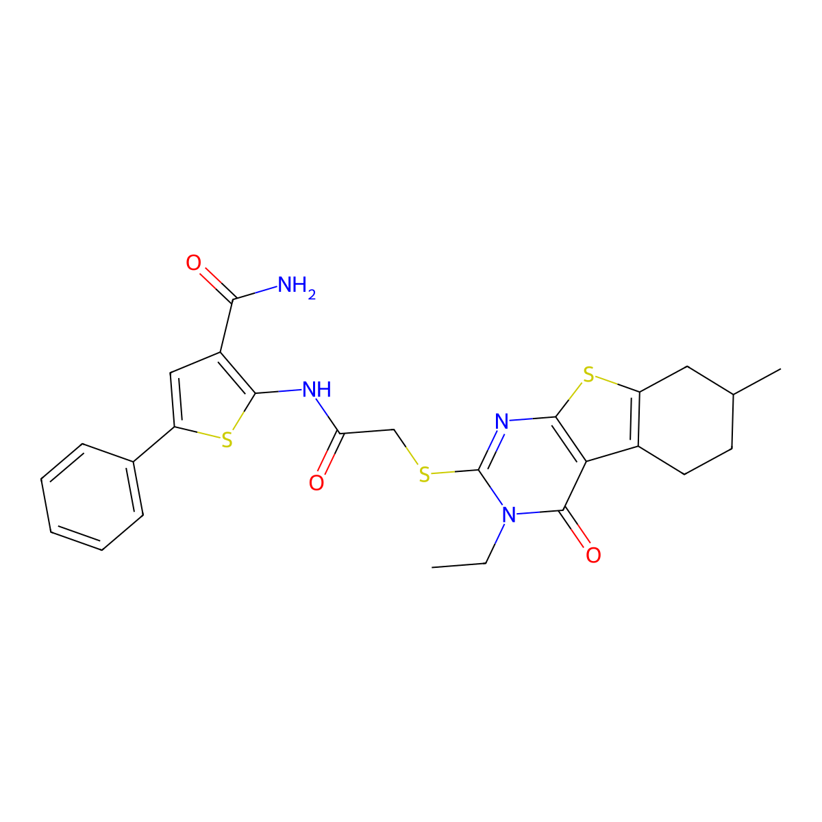 2-[2-({4-Ethyl-11-methyl-3-oxo-8-thia-4,6-diazatricyclo[7.4.0.0^{2,7}]trideca-1(9),2(7),5-trien-5-yl}sulfanyl)acetamido]-5-phenylthiophene-3-carboxamide molecular structure, CAS 663218-80-2