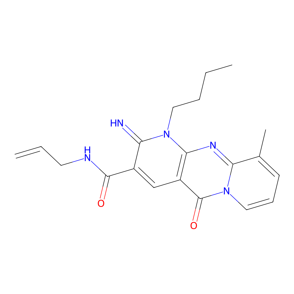 7-Butyl-6-imino-11-methyl-2-oxo-N-prop-2-enyl-1,7,9-triazatricyclo[8.4.0.03,8]tetradeca-3(8),4,9,11,13-pentaene-5-carboxamide molecular structure, CAS 663219-11-2