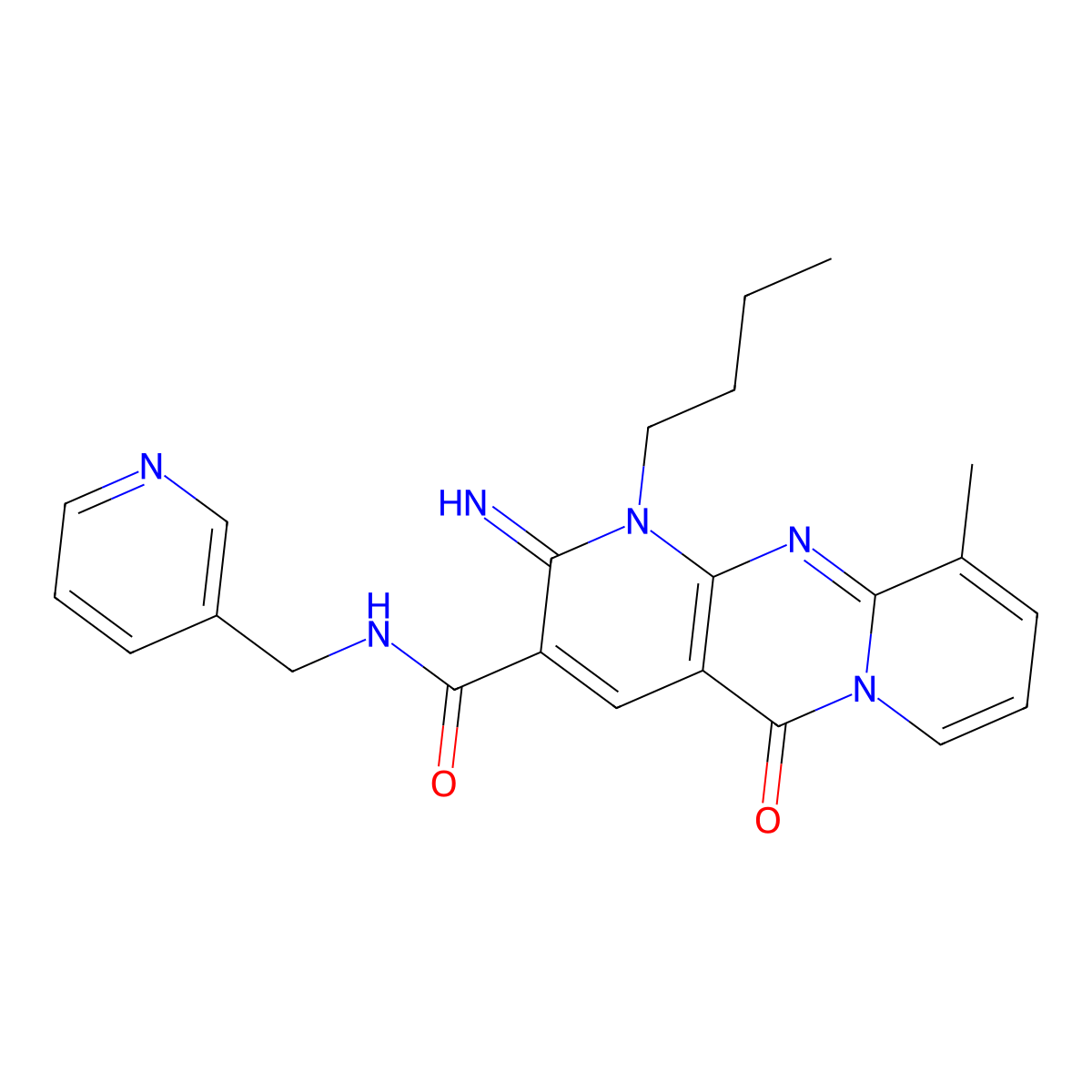 1-butyl-2-imino-10-methyl-5-oxo-N-(3-pyridinylmethyl)-1,5-dihydro-2H-dipyrido[1,2-a:2,3-d]pyrimidine-3-carboxamide molecular structure, CAS 663219-12-3