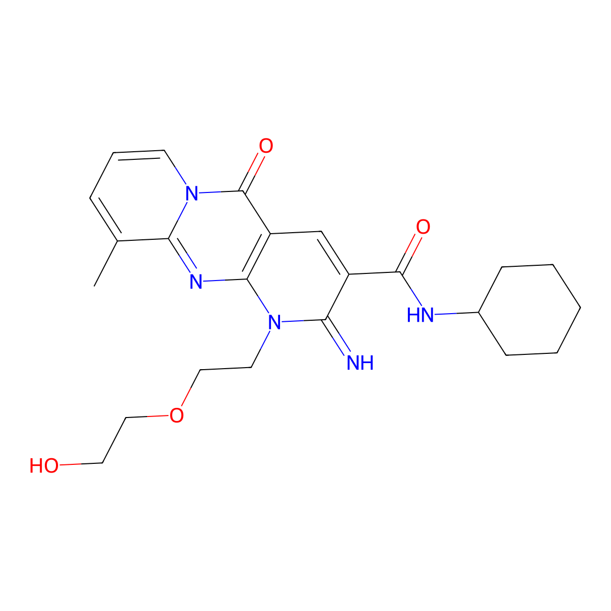 N-cyclohexyl-7-[2-(2-hydroxyethoxy)ethyl]-6-imino-11-methyl-2-oxo-1,7,9-triazatricyclo[8.4.0.0^{3,8}]tetradeca-3(8),4,9,11,13-pentaene-5-carboxamide molecular structure, CAS 663219-13-4