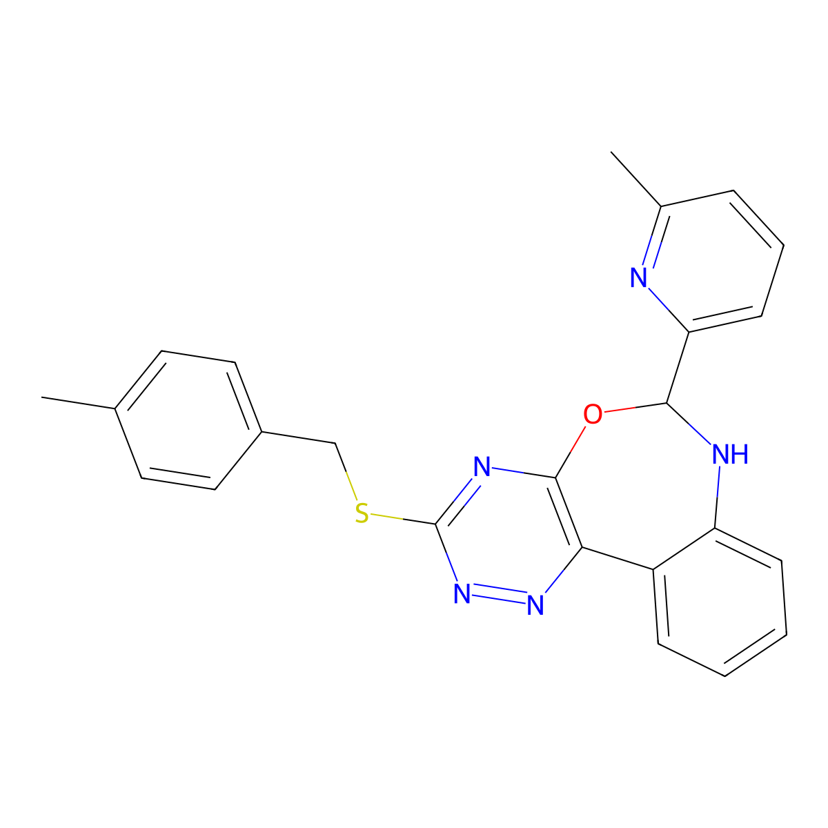 3-[(4-Methylphenyl)methylsulfanyl]-6-(6-methylpyridin-2-yl)-6,7-dihydro-[1,2,4]triazino[5,6-d][3,1]benzoxazepine molecular structure, CAS 6633-44-9