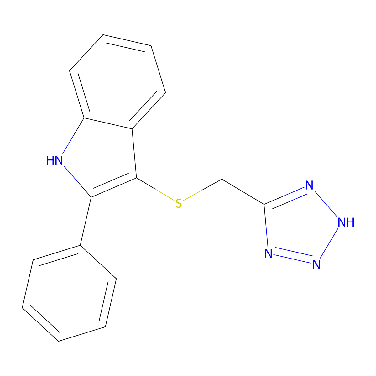 1H-Indole, 2-phenyl-3-((1H-tetrazol-5-ylmethyl)thio)- molecular structure, CAS 66354-90-3