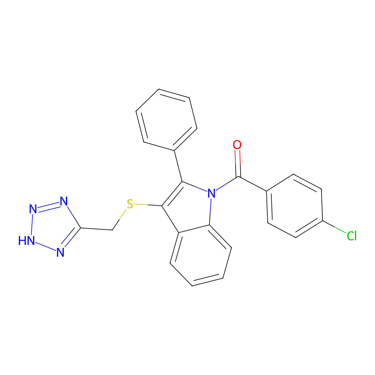 1H-Indole, 1-(4-chlorobenzoyl)-2-phenyl-3-((1H-tetrazol-5-ylmethyl)thio)- molecular structure, CAS 66354-91-4