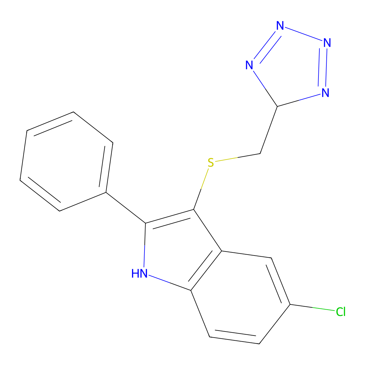 1H-Indole, 5-chloro-2-phenyl-3-((1H-tetrazol-5-ylmethyl)thio)- molecular structure, CAS 66354-94-7