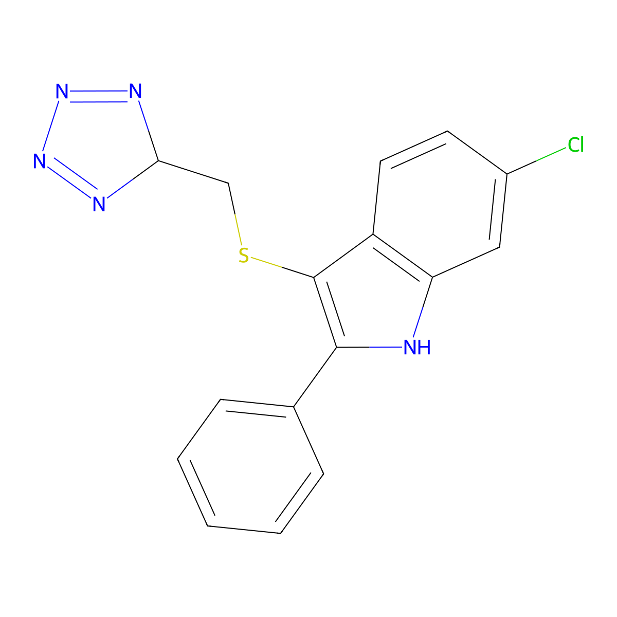 1H-Indole, 6-chloro-2-phenyl-3-((1H-tetrazol-5-ylmethyl)thio)- molecular structure, CAS 66354-96-9