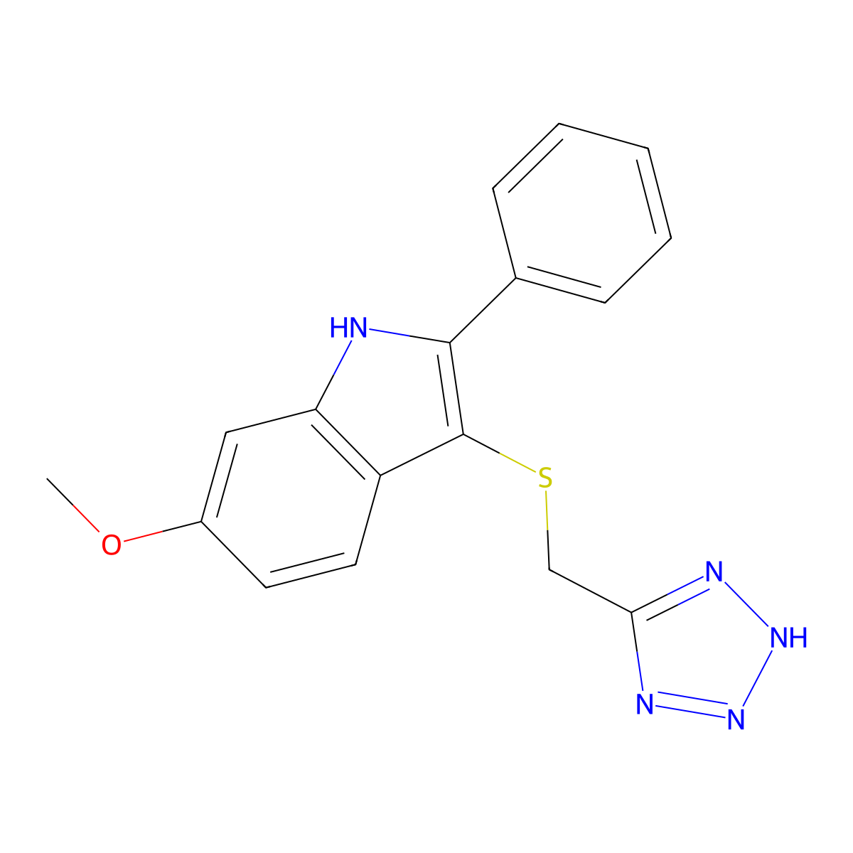 1H-Indole, 6-methoxy-2-phenyl-3-((1H-tetrazol-5-ylmethyl)thio)- molecular structure, CAS 66354-98-1
