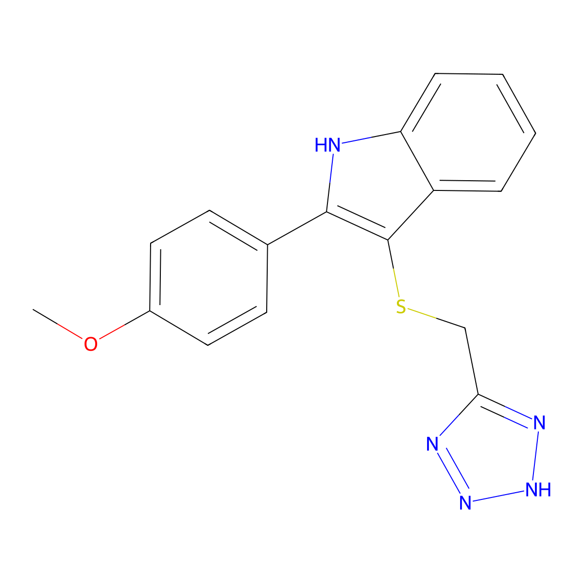 1H-Indole, 2-(4-methoxyphenyl)-3-((1H-tetrazol-5-ylmethyl)thio)- molecular structure, CAS 66355-01-9