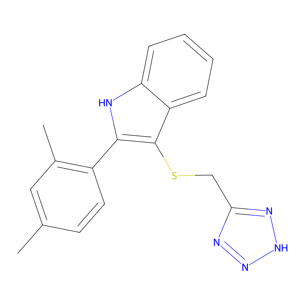 1H-Indole, 2-(2,4-dimethylphenyl)-3-((1H-tetrazol-5-ylmethyl)thio)- molecular structure, CAS 66355-03-1