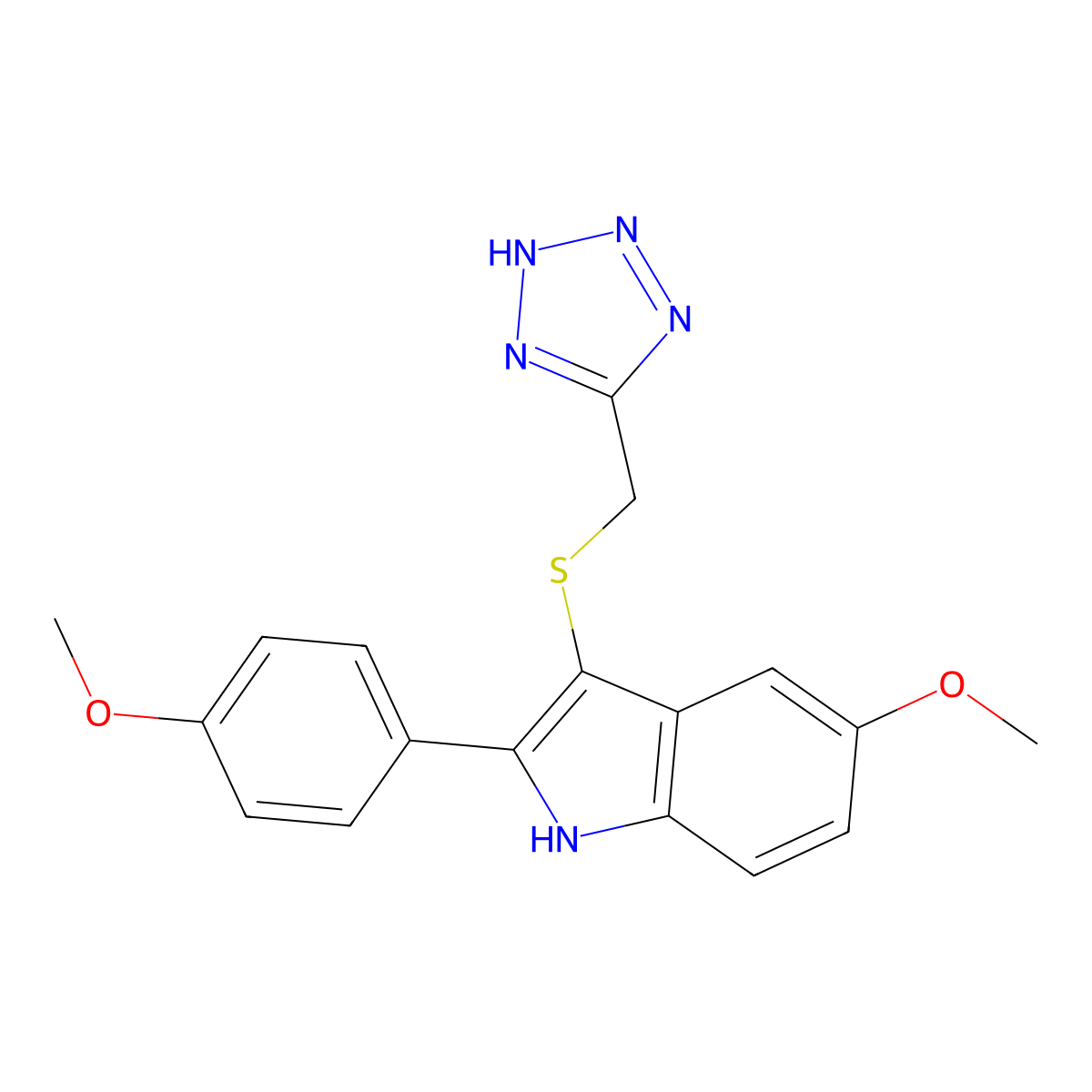 1H-Indole, 5-methoxy-2-(4-methoxyphenyl)-3-((1H-tetrazol-5-ylmethyl)thio)- molecular structure, CAS 66355-06-4