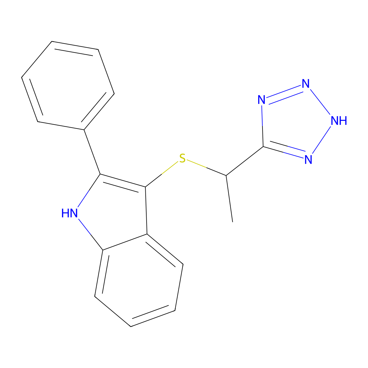1H-Indole, 2-phenyl-3-((1-(1H-tetrazol-5-yl)ethyl)thio)- molecular structure, CAS 66355-08-6
