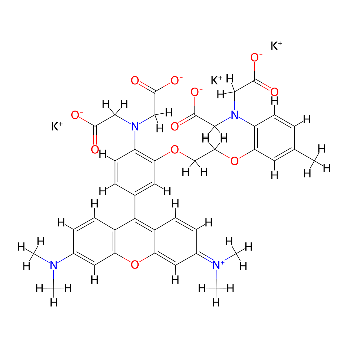 2,2'-((2-(2-(2-(bis(carboxylatomethyl)amino)-5-(6-(dimethylamino)-3-(dimethyliminio)-3H-xanthen-9-yl)phenoxy)ethoxy)-4-methylphenyl)azanediyl)diacetate,tripotassiumsalt molecular structure, CAS 663625-18-1