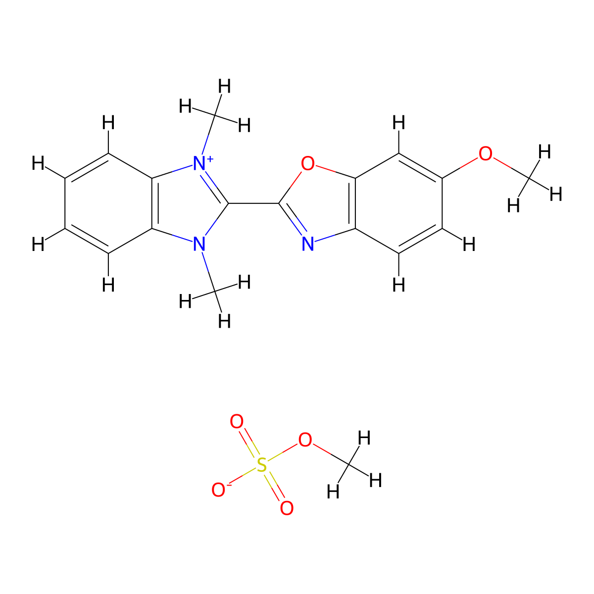 1H-Benzimidazolium, 2-(6-methoxy-2-benzoxazolyl)-1,3-dimethyl-, methyl sulfate (1:1) molecular structure, CAS 66371-08-2