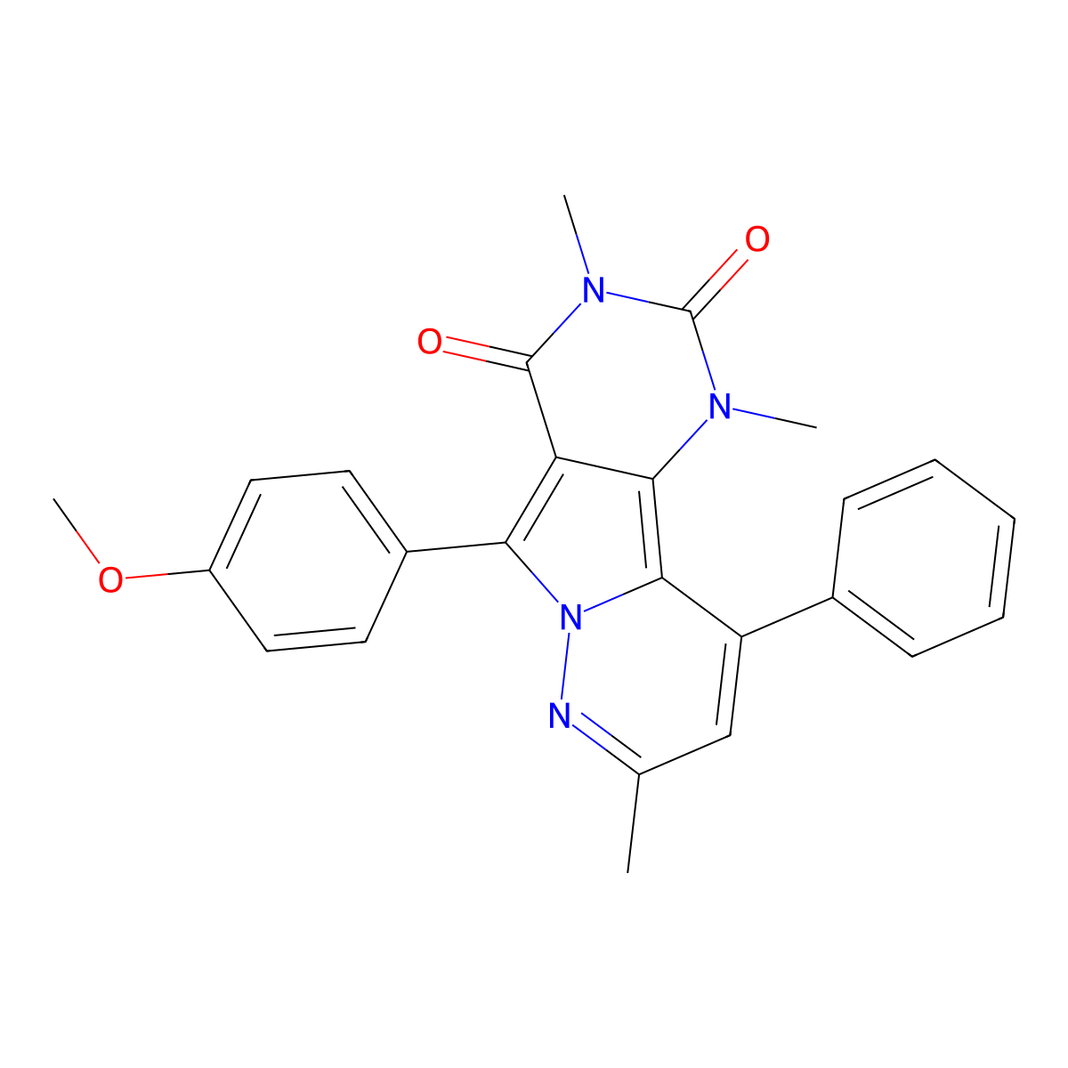 5-(4-methoxyphenyl)-1,3,8-trimethyl-10-phenylpyrimido[4',5':3,4]pyrrolo[1,2-b]pyridazine-2,4(1H,3H)-dione molecular structure, CAS 663929-15-5