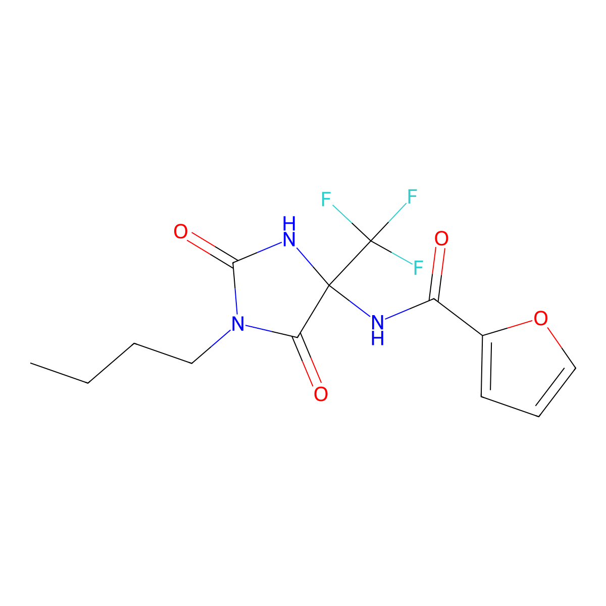 N-[1-butyl-2,5-dioxo-4-(trifluoromethyl)imidazolidin-4-yl]furan-2-carboxamide molecular structure, CAS 663938-00-9
