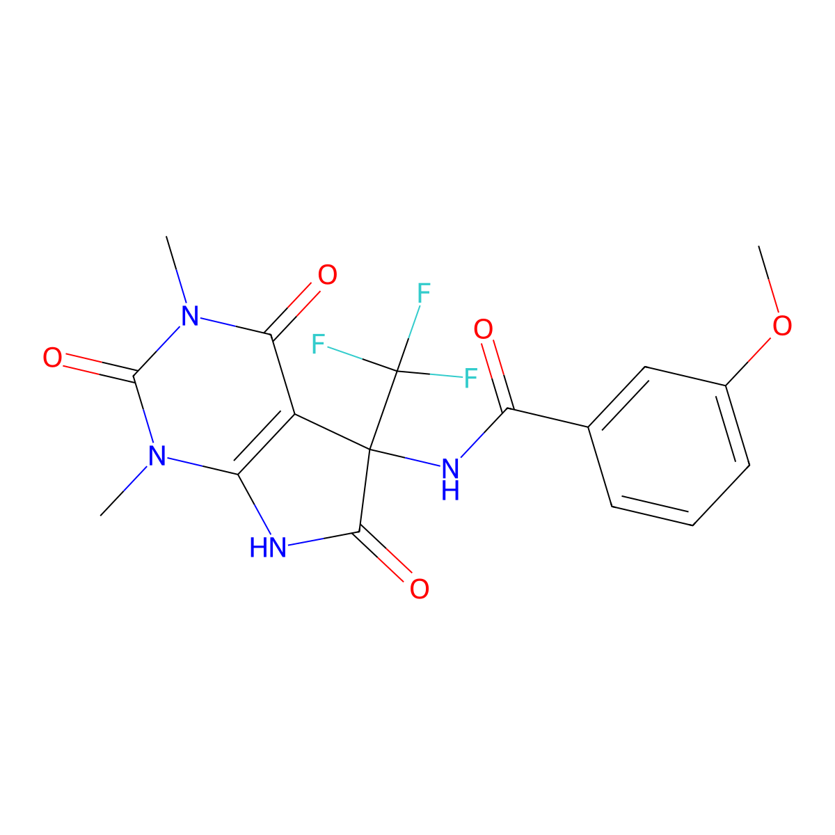 N-[1,3-dimethyl-2,4,6-trioxo-5-(trifluoromethyl)-7H-pyrrolo[2,3-d]pyrimidin-5-yl]-3-methoxybenzamide molecular structure, CAS 663940-22-5