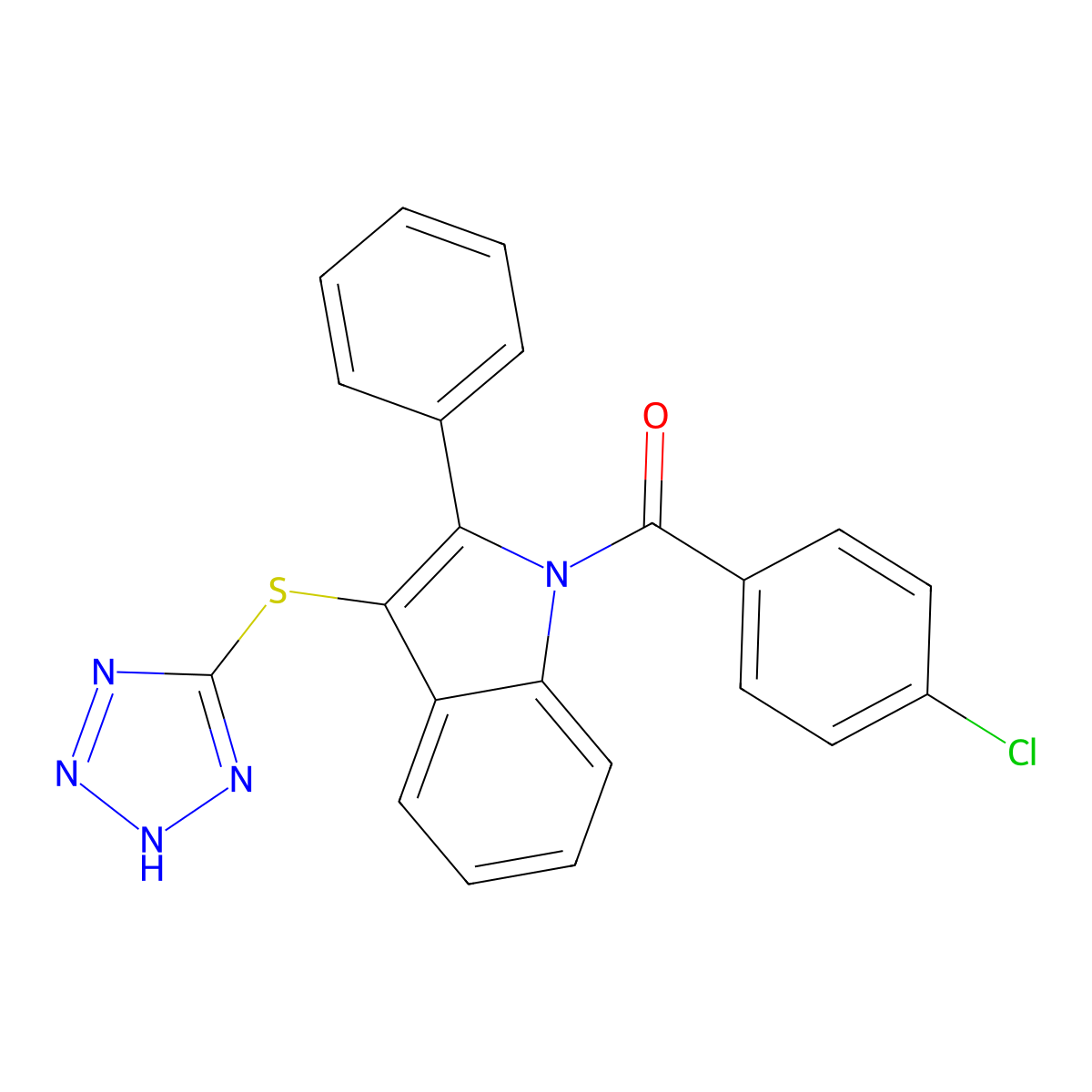 1H-Indole, 1-(4-chlorobenzoyl)-2-phenyl-3-(1H-tetrazol-5-ylthio)- molecular structure, CAS 66403-51-8