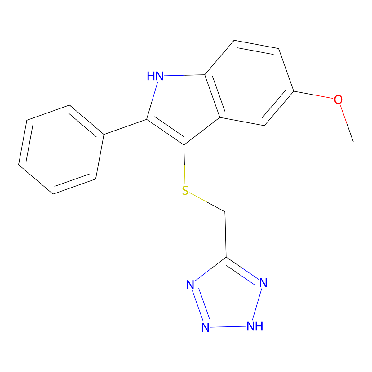 1H-Indole, 5-methoxy-2-phenyl-3-((1H-tetrazol-5-ylmethyl)thio)- molecular structure, CAS 66403-52-9