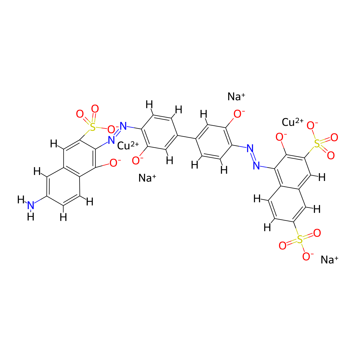Cuprate(3-), [mu-[4-[2-[4'-[2-[6-amino-1-(hydroxy-kappaO)-3-sulfo-2-naphthalenyl]diazenyl-kappaN1]-3,3'-di(hydroxy-kappaO)[1,1'-biphenyl]-4-yl]diazenyl-kappaN1]-3-(hydroxy-kappaO)-2,7-naphthalenedisulfonato(7-)]]di-, sodium (1:3) molecular structure, CAS 66418-17-5