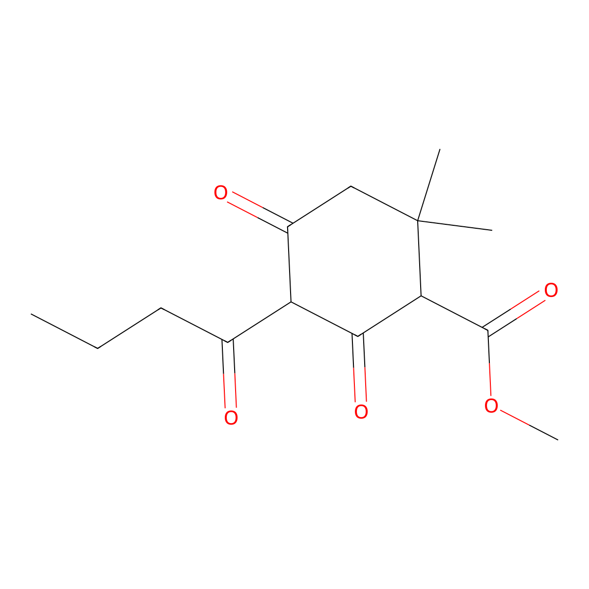 Methyl 5-butanoyl-2,2-dimethyl-4,6-dioxocyclohexane-1-carboxylate molecular structure, CAS 66421-41-8