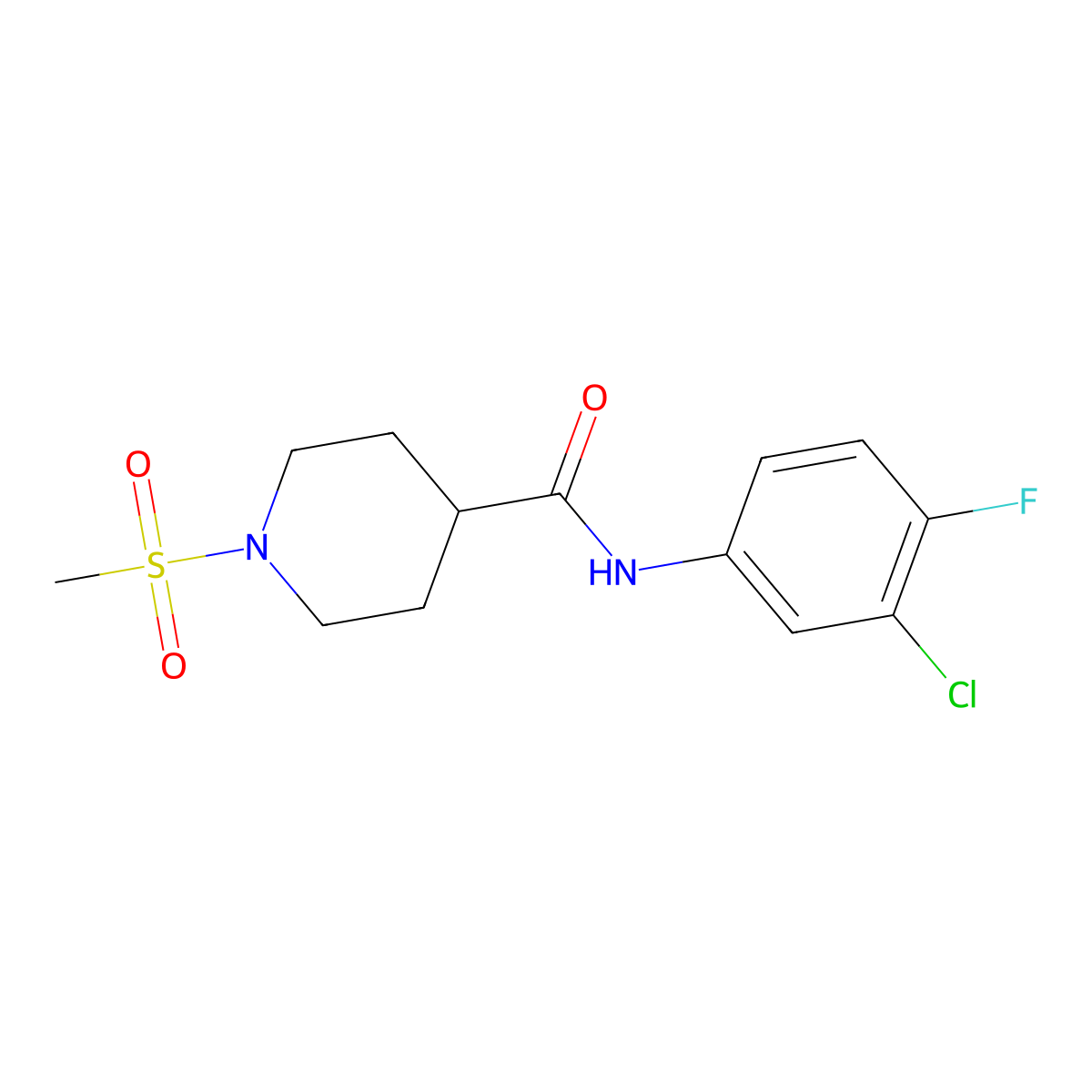 N-(3-chloro-4-fluorophenyl)-1-methylsulfonylpiperidine-4-carboxamide molecular structure, CAS 664311-64-2