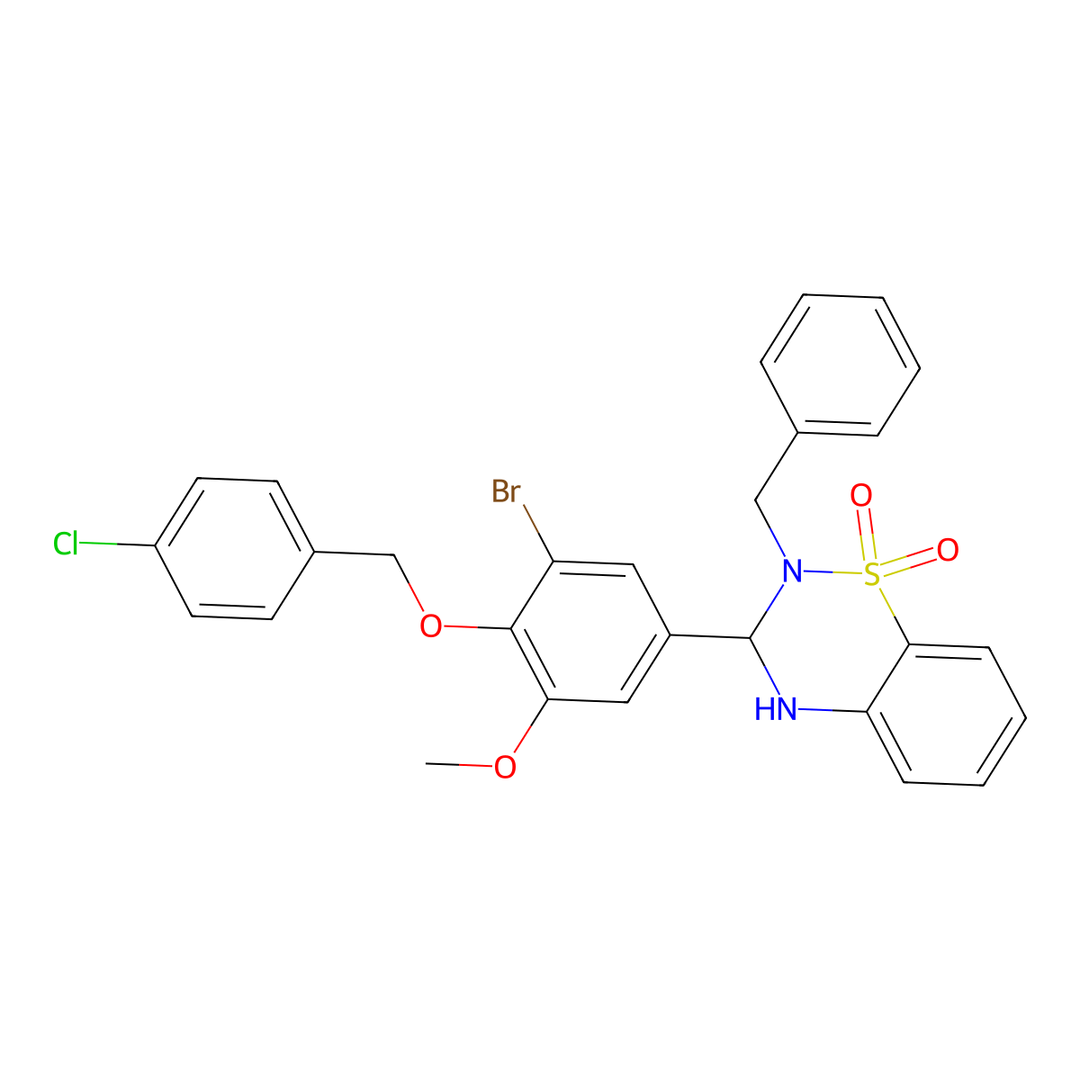 2-benzyl-3-{3-bromo-4-[(4-chlorobenzyl)oxy]-5-methoxyphenyl}-3,4-dihydro-2H-1,2,4-benzothiadiazine 1,1-dioxide molecular structure, CAS 664320-59-6