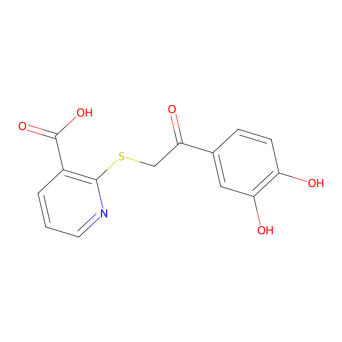 2-((2-(3,4-Dihydroxyphenyl)-2-oxoethyl)thio)nicotinic acid molecular structure, CAS 664322-43-4