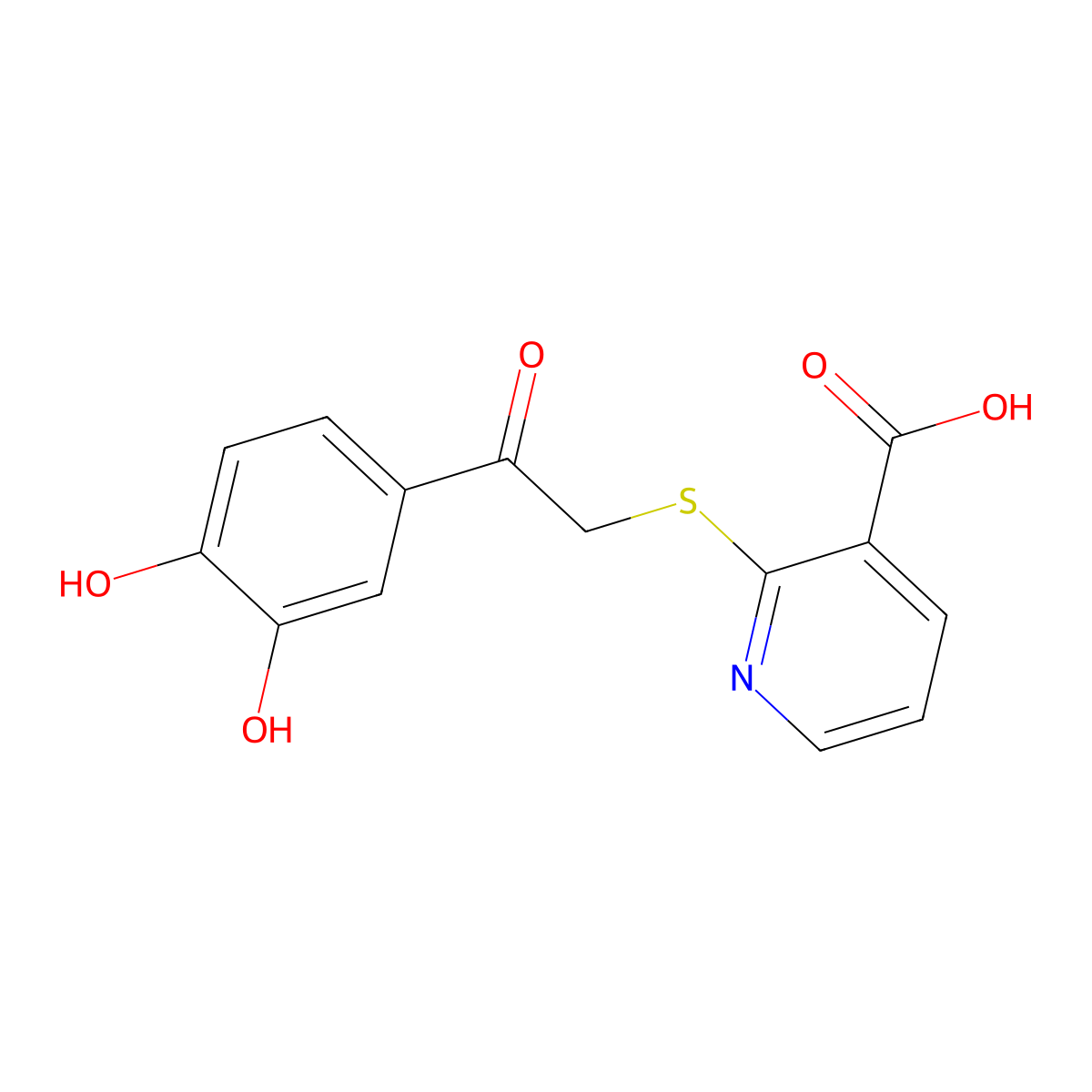 2-((2-(3,4-Dihydroxyphenyl)-2-oxoethyl)thio)nicotinic acid molecular structure, CAS 664322-43-4