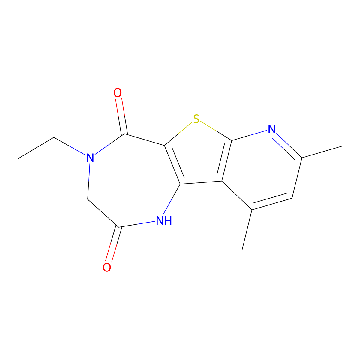 4-ethyl-8,10-dimethyl-3,4-dihydro-1H-pyrido[3',2':4,5]thieno[3,2-e][1,4]diazepine-2,5-dione molecular structure, CAS 664347-92-6