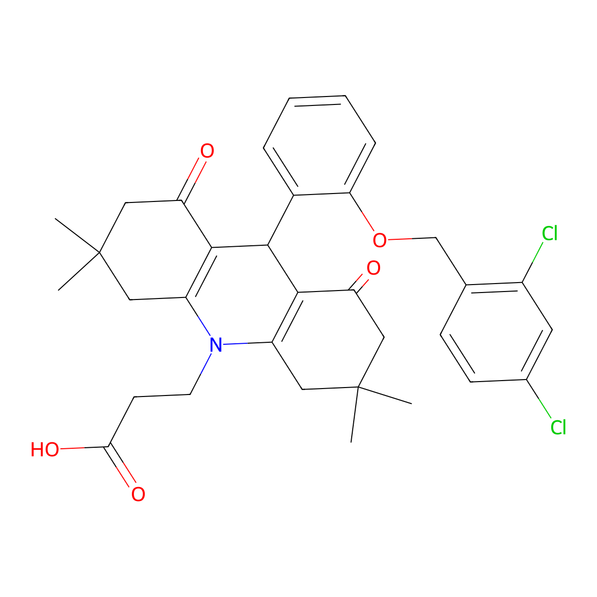 3-(9-{2-[(2,4-dichlorobenzyl)oxy]phenyl}-3,3,6,6-tetramethyl-1,8-dioxo-2,3,4,5,6,7,8,9-octahydro-10(1H)-acridinyl)propanoic acid molecular structure, CAS 664358-44-5