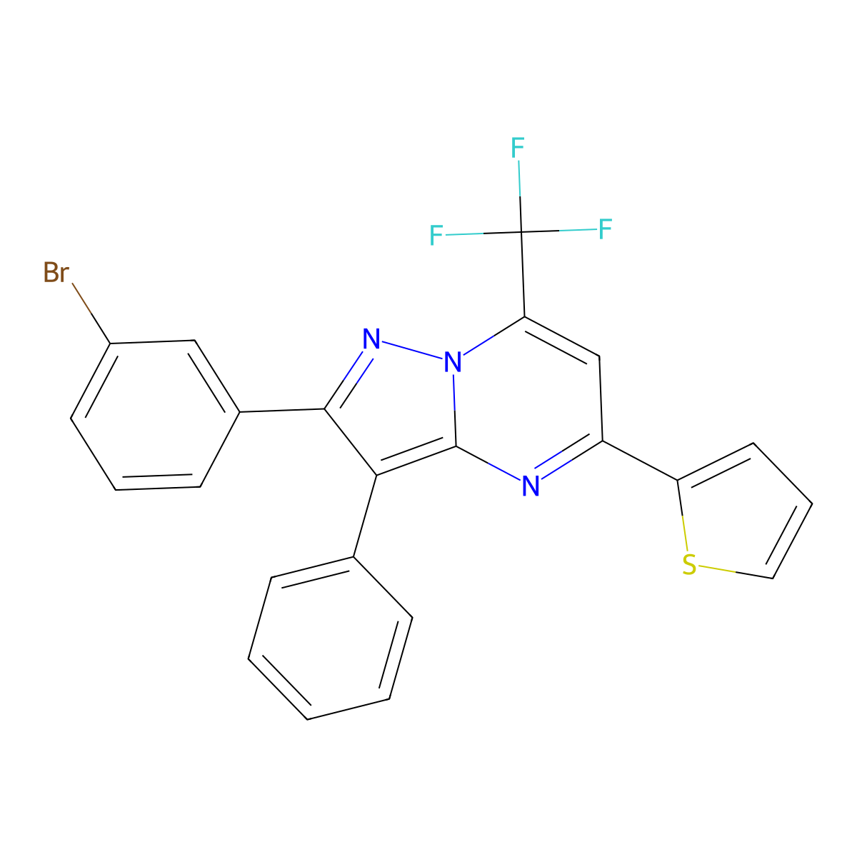 2-(3-Bromophenyl)-3-phenyl-5-(2-thienyl)-7-(trifluoromethyl)pyrazolo[1,5-a]pyrimidine molecular structure, CAS 664359-68-6