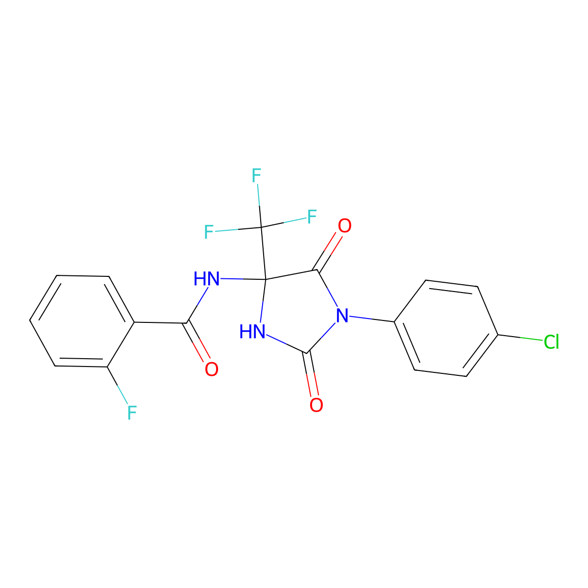 N-[1-(4-chlorophenyl)-2,5-dioxo-4-(trifluoromethyl)imidazolidin-4-yl]-2-fluorobenzamide molecular structure, CAS 664370-17-6