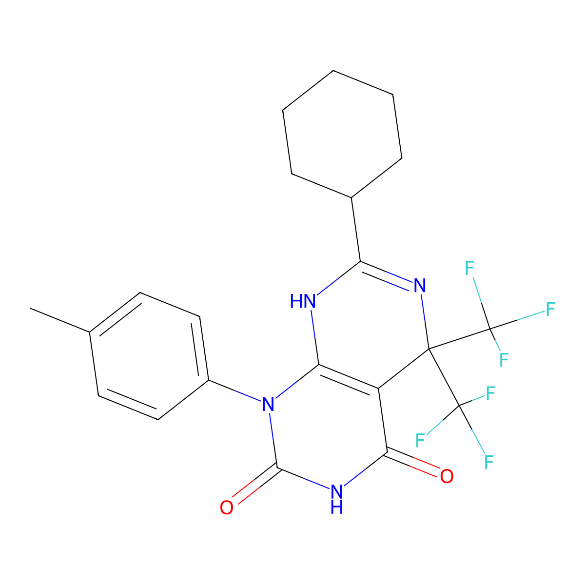 7-cyclohexyl-1-(4-methylphenyl)-5,5-bis(trifluoromethyl)-5,8-dihydropyrimido[4,5-d]pyrimidine-2,4(1H,3H)-dione molecular structure, CAS 664370-27-8