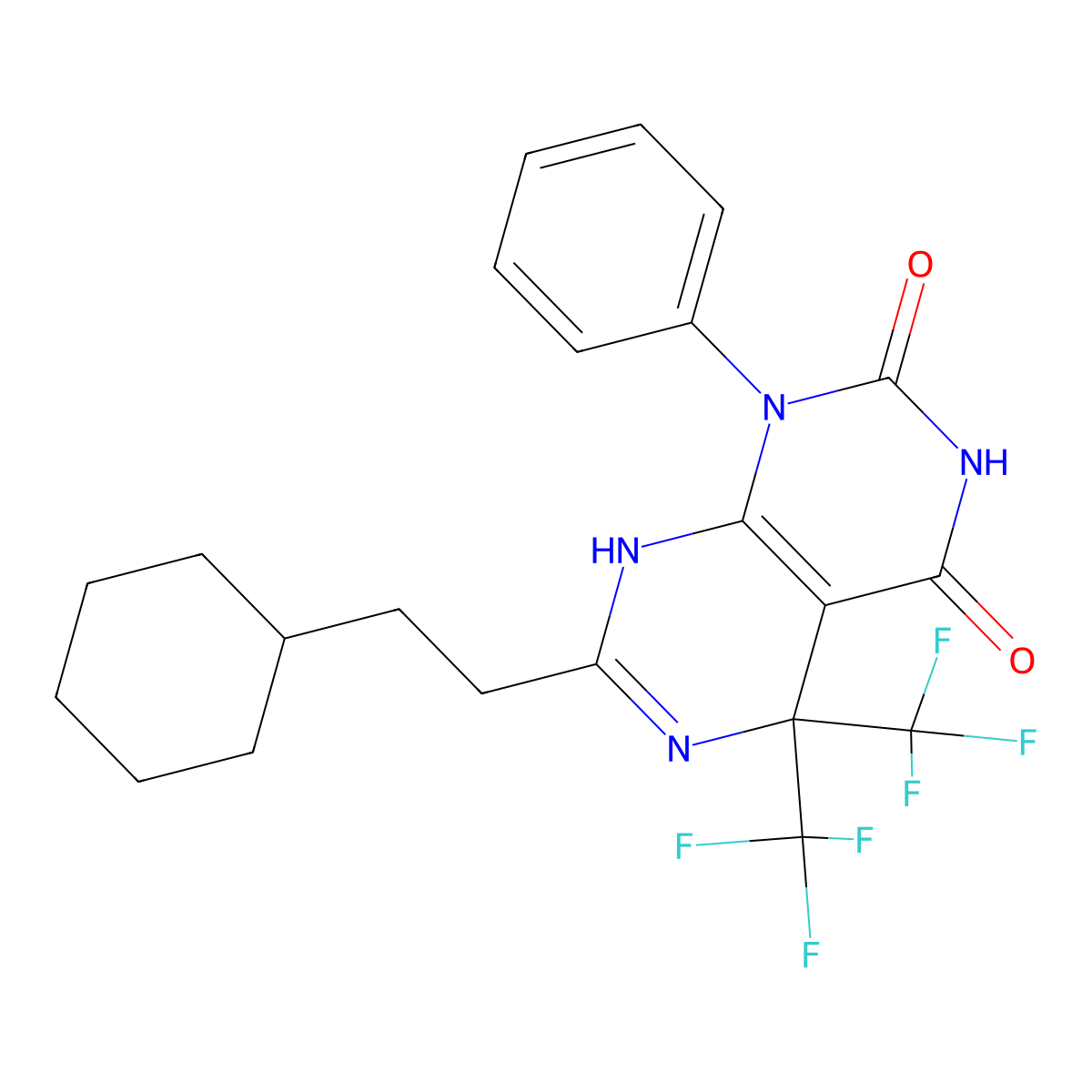 7-(2-cyclohexylethyl)-1-phenyl-5,5-bis(trifluoromethyl)-8H-pyrimido[4,5-d]pyrimidine-2,4-dione molecular structure, CAS 664370-30-3
