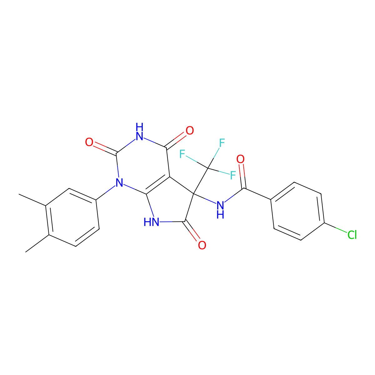 4-chloro-N-[1-(3,4-dimethylphenyl)-2,4,6-trioxo-5-(trifluoromethyl)-7H-pyrrolo[2,3-d]pyrimidin-5-yl]benzamide molecular structure, CAS 664370-33-6