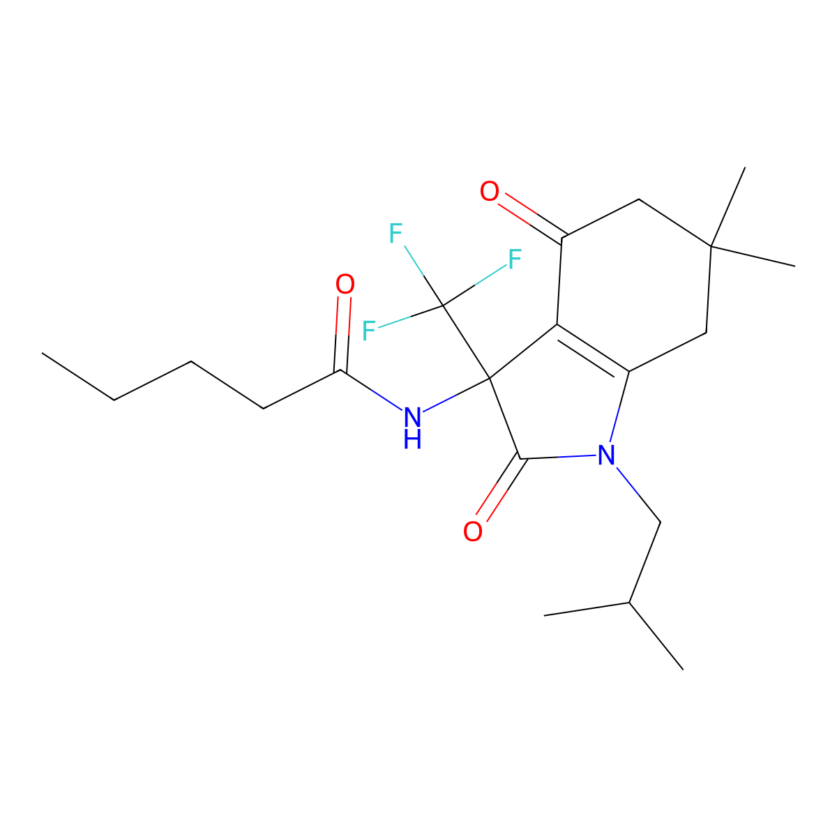 N-[6,6-dimethyl-1-(2-methylpropyl)-2,4-dioxo-3-(trifluoromethyl)-5,7-dihydroindol-3-yl]pentanamide molecular structure, CAS 664370-41-6