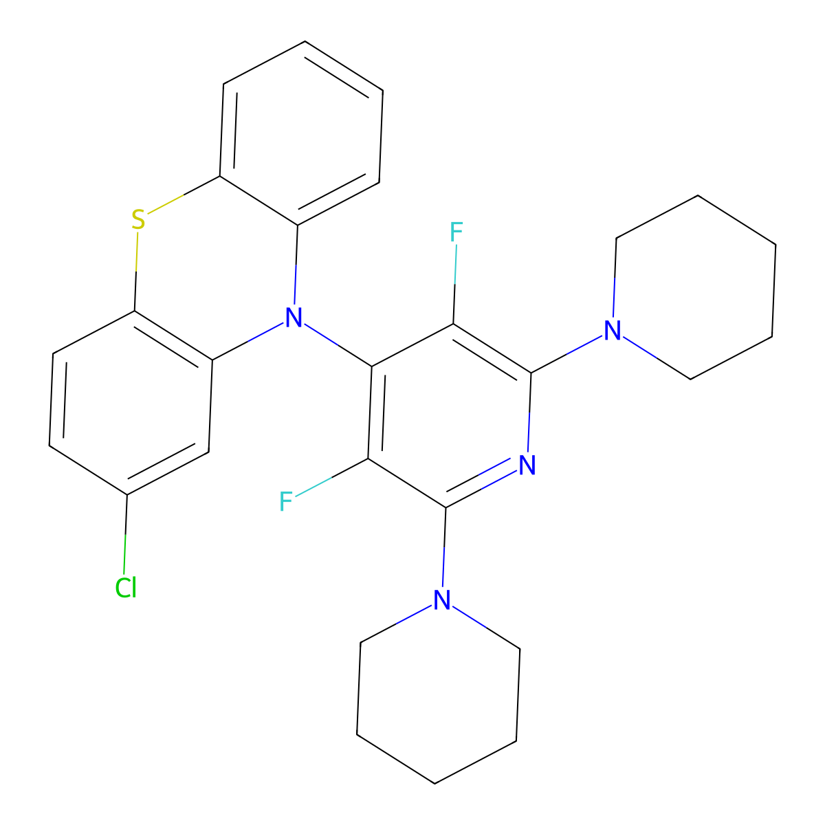 2-Chloro-10-[3,5-difluoro-2,6-di(piperidin-1-yl)pyridin-4-yl]phenothiazine molecular structure, CAS 664371-54-4