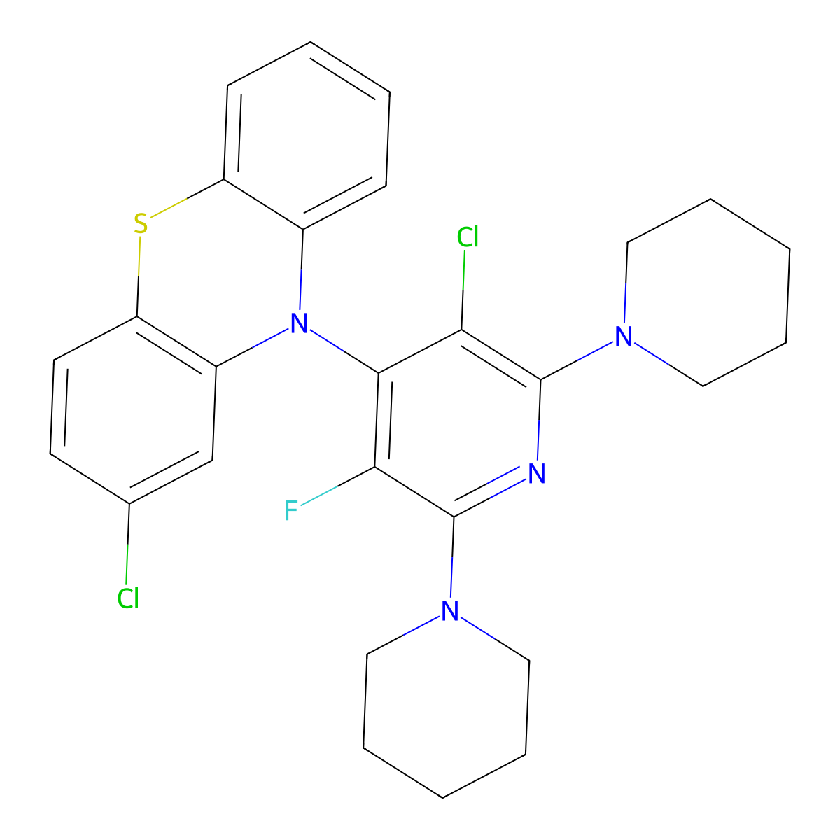 2-Chloro-10-[3-chloro-5-fluoro-2,6-di(piperidin-1-yl)pyridin-4-yl]phenothiazine molecular structure, CAS 664371-87-3