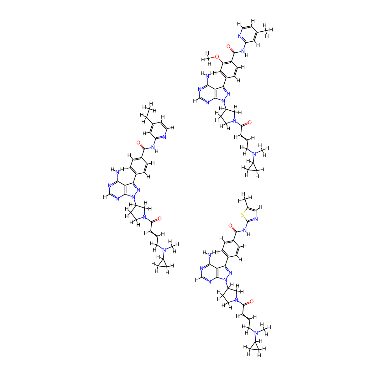 4-[4-amino-1-[1-[4-[cyclopropyl(methyl)amino]but-2-enoyl]pyrrolidin-3-yl]pyrazolo[3,4-d]pyrimidin-3-yl]-N-(4-ethyl-2-pyridinyl)benzamide;4-[4-amino-1-[1-[4-[cyclopropyl(methyl)amino]but-2-enoyl]pyrrolidin-3-yl]pyrazolo[3,4-d]pyrimidin-3-yl]-2-methoxy-N-(4-methyl-2-pyridinyl)benzamide;4-[4-amino-1-[1-[4-[cyclopropyl(methyl)amino]but-2-enoyl]pyrrolidin-3-yl]pyrazolo[3,4-d]pyrimidin-3-yl]-N-(5-methyl-1,3-thiazol-2-yl)benzamide molecular structure, CAS 66455-26-3