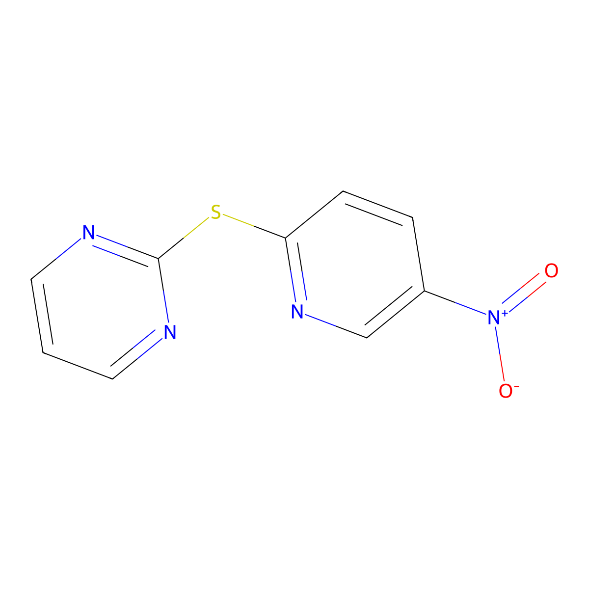 Pyrimidine, 2-((5-nitro-2-pyridinyl)thio)- molecular structure, CAS 66474-51-9