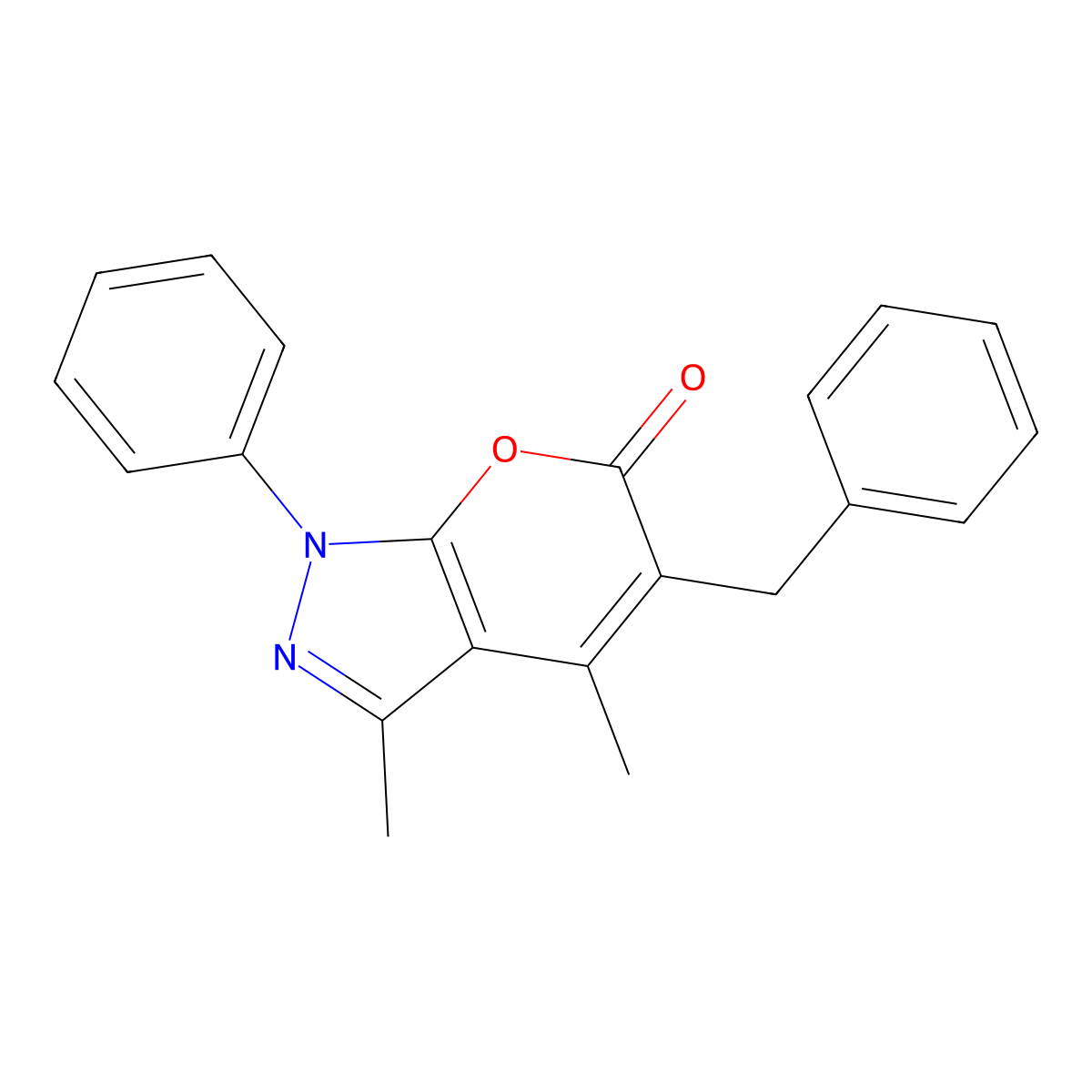 5-Benzyl-3,4-dimethyl-1-phenylpyrano[2,3-c]pyrazol-6-one molecular structure, CAS 664967-24-2