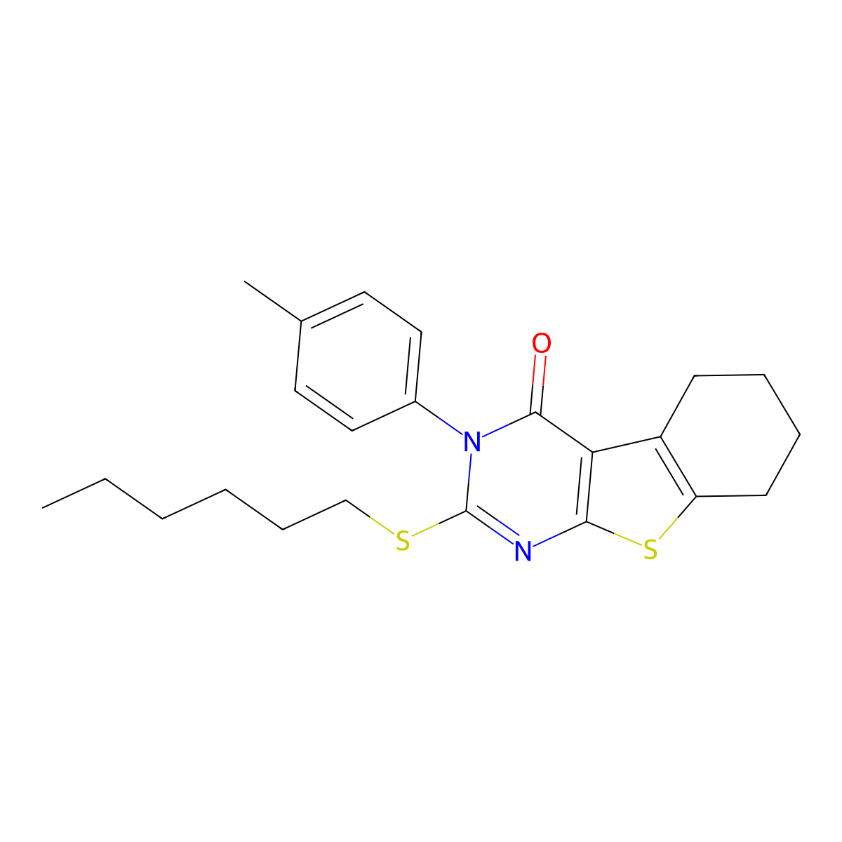 2-(hexylsulfanyl)-3-(4-methylphenyl)-5,6,7,8-tetrahydro[1]benzothieno[2,3-d]pyrimidin-4(3H)-one molecular structure, CAS 664967-56-0