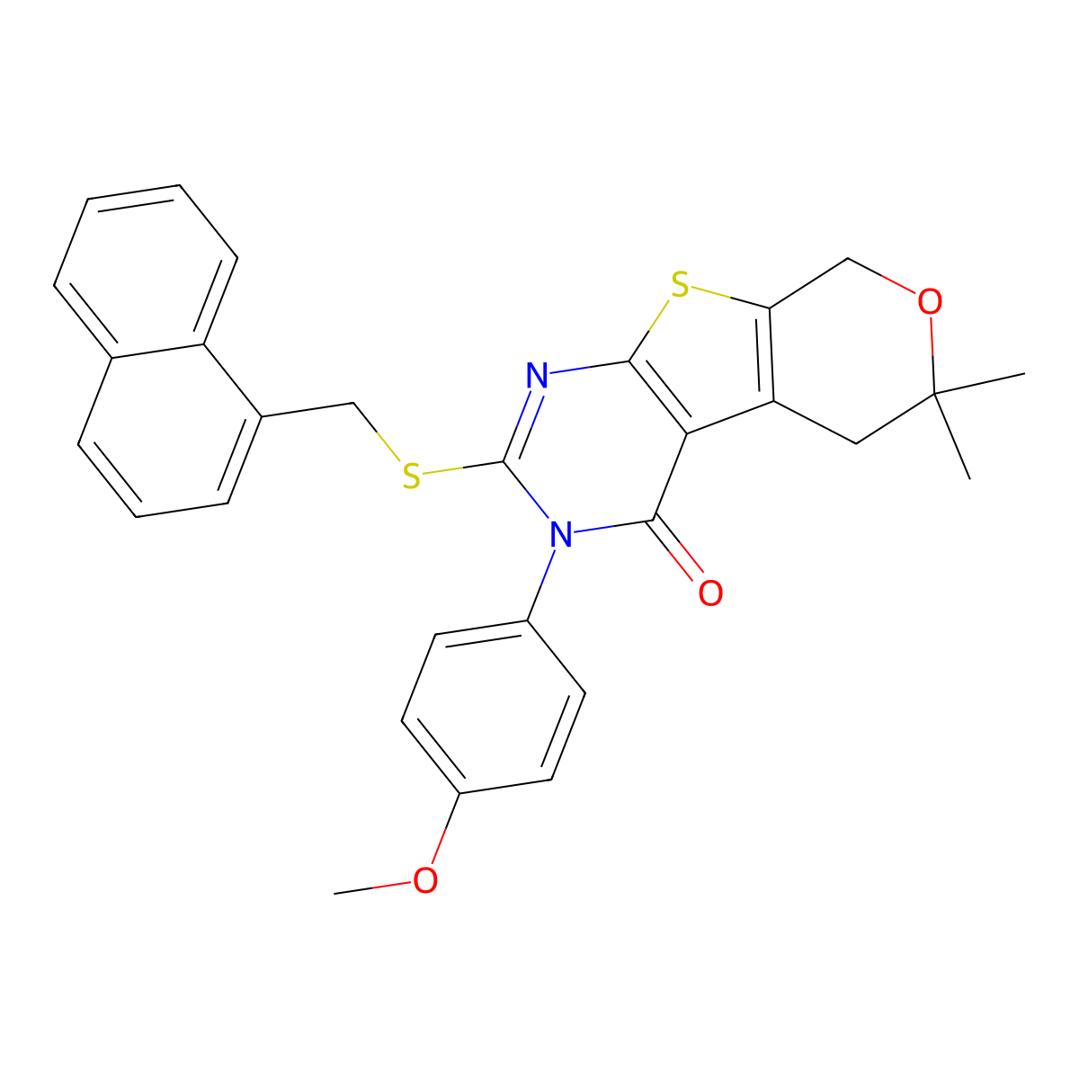 3-(4-methoxyphenyl)-6,6-dimethyl-2-[(1-naphthylmethyl)sulfanyl]-3,5,6,8-tetrahydro-4H-pyrano[4',3':4,5]thieno[2,3-d]pyrimidin-4-one molecular structure, CAS 664967-71-9