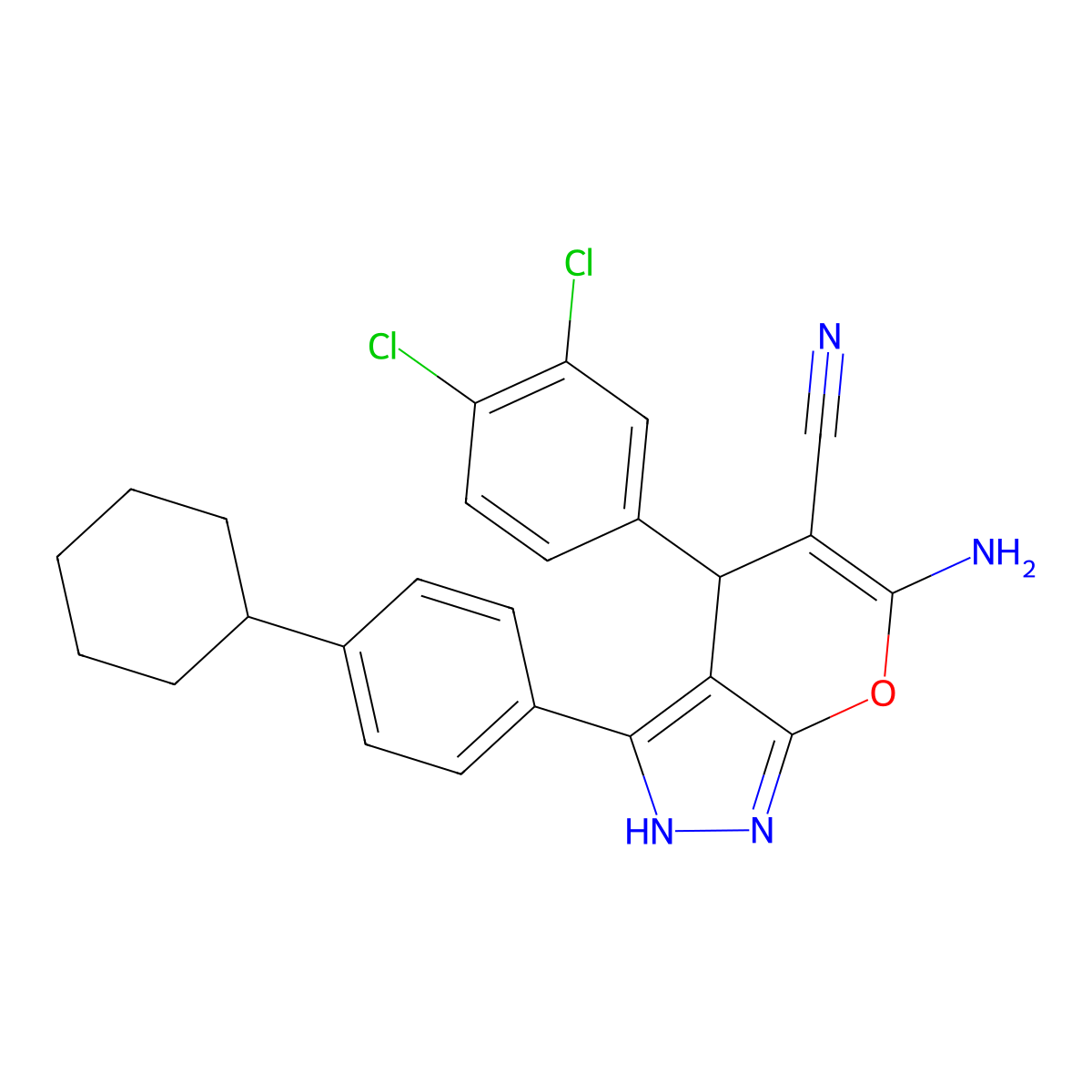 6-Amino-3-(4-cyclohexylphenyl)-4-(3,4-dichlorophenyl)-1,4-dihydropyrano[2,3-c]pyrazole-5-carbonitrile molecular structure, CAS 664969-99-7