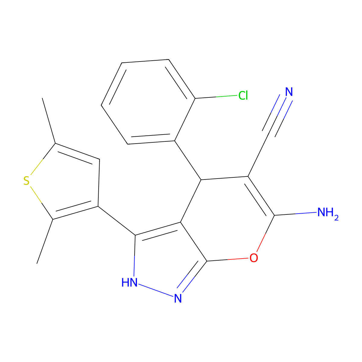 6-Amino-4-(2-chlorophenyl)-3-(2,5-dimethyl-3-thienyl)-1,4-dihydropyrano[2,3-c]pyrazole-5-carbonitrile molecular structure, CAS 664970-05-2
