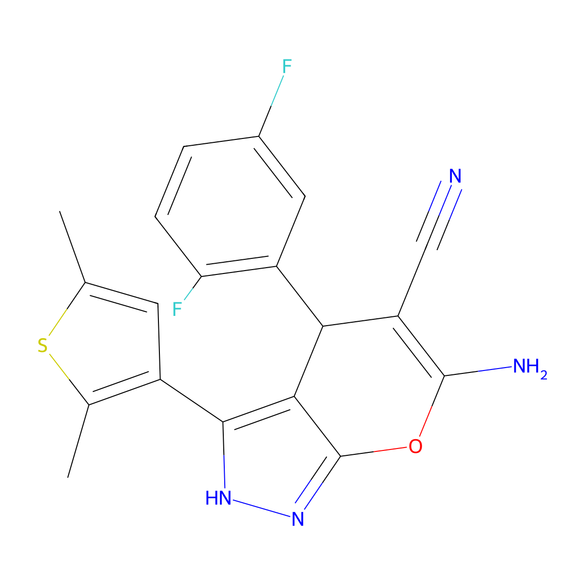 6-Amino-4-(2,5-difluorophenyl)-3-(2,5-dimethyl-3-thienyl)-1,4-dihydropyrano[2,3-c]pyrazole-5-carbonitrile molecular structure, CAS 664970-09-6