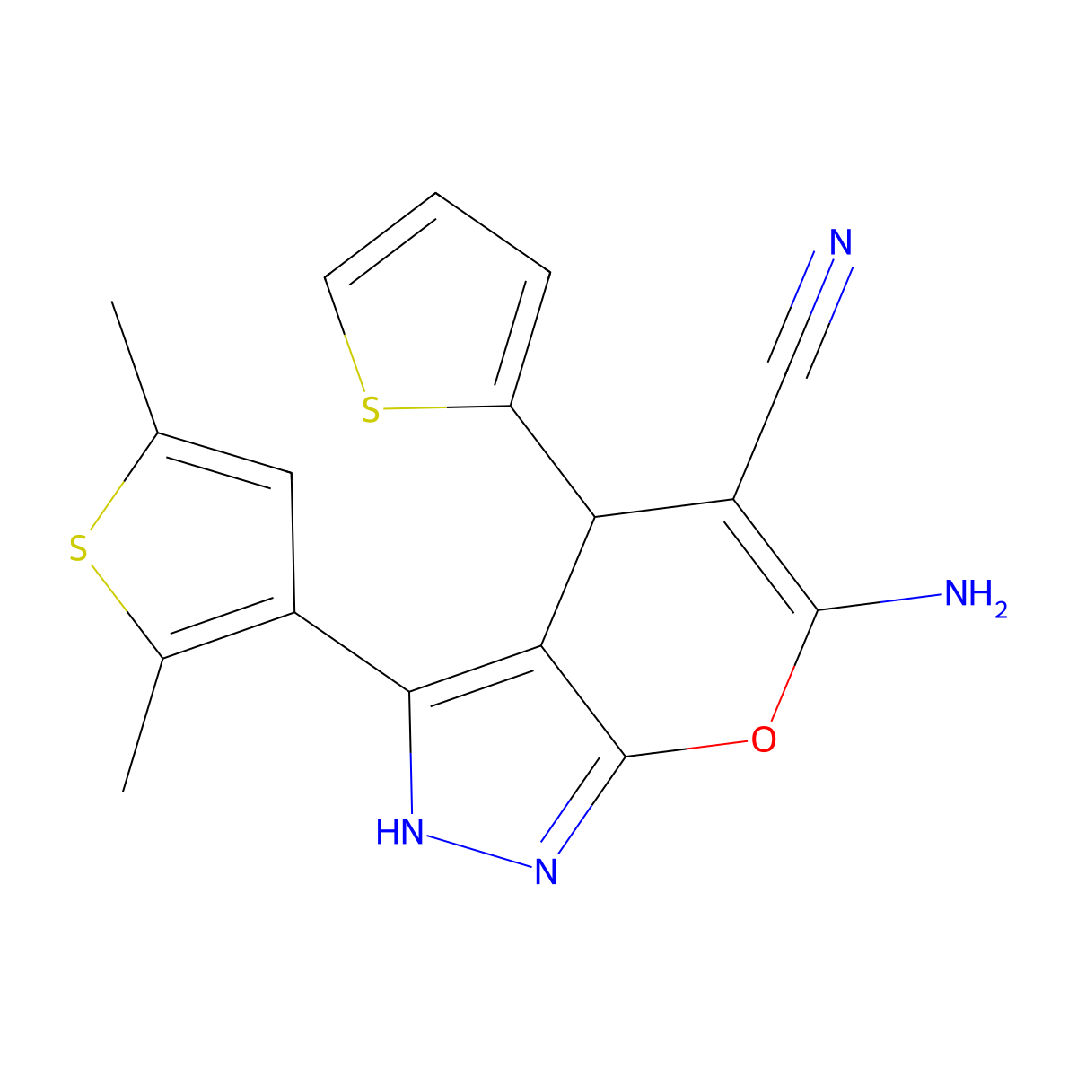 6-Amino-3-(2,5-dimethyl-3-thienyl)-4-(2-thienyl)-1,4-dihydropyrano[2,3-c]pyrazole-5-carbonitrile molecular structure, CAS 664970-13-2
